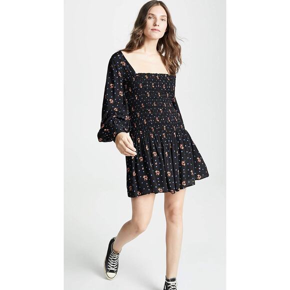 Free People Dresses & Skirts - Free People Mini Dress Womens Size XS Black Two Faces Printed Long Bishop Sleeve